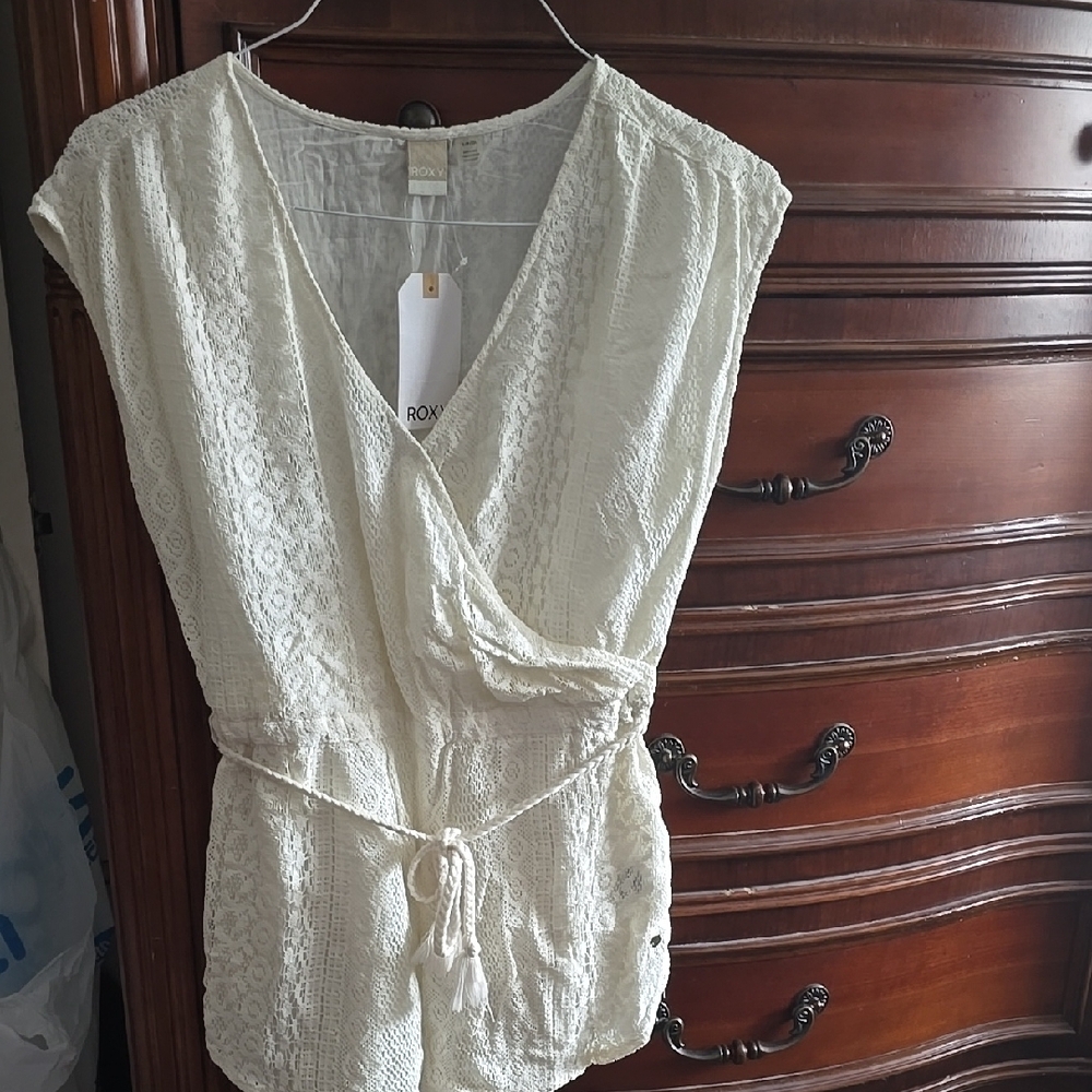 Cream Lace Romper with Tie Waist